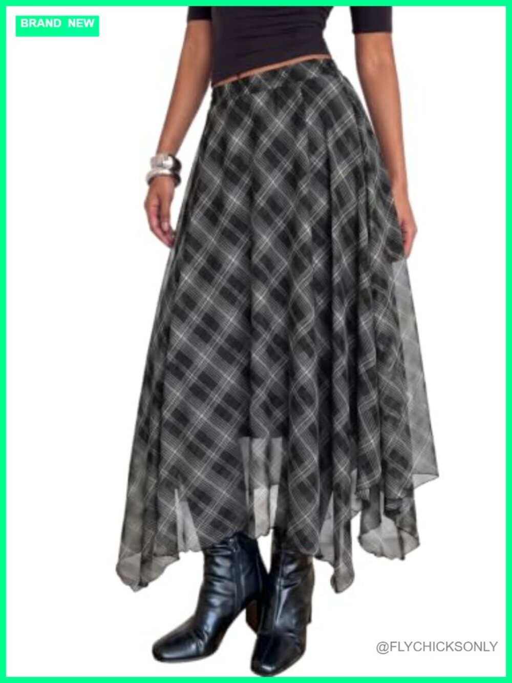 Plaid Flowy Asymmetric Hem A-Line Maxi Skirt Lightweight Elastic Waist